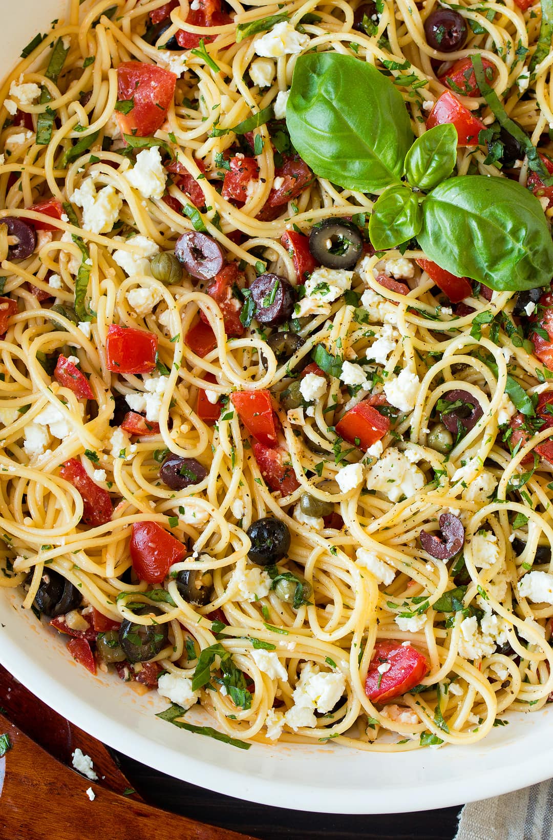 Greek Spaghetti Close up image of Greek pasta in a large serving bowl.