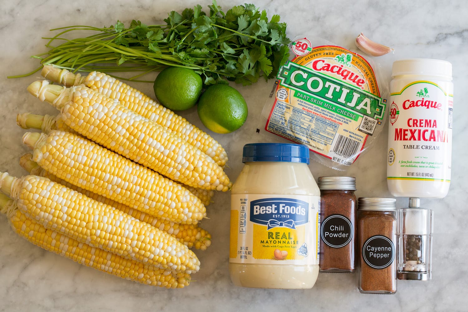 Mexican Street Corn Ingredients used to make Mexican street corn.