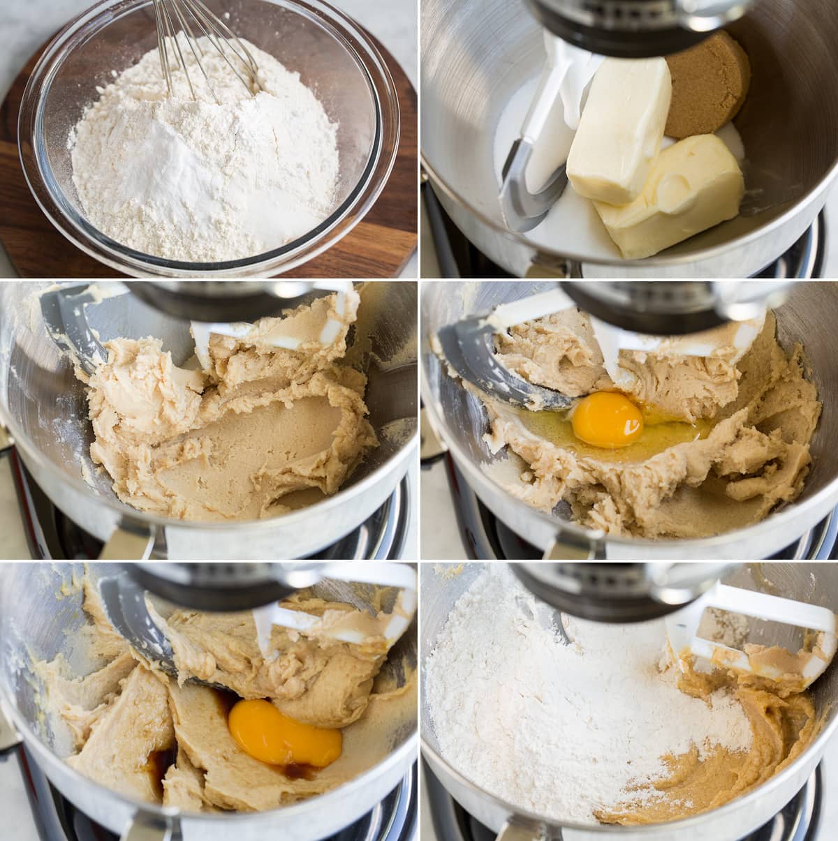 Snickerdoodle Cookies Collage of six images showing first six steps to preparing homemade snickerdoodle cookie dough. Shows whisking dry ingredients in glass bowl. Then mixing butter sugars in stand mixer, and blending in egg and yolk. And last mixing in flour mixture.