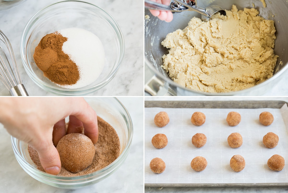 Snickerdoodle Cookies Collage of four images showing remaining four steps of preparing snickerdoodles. Shows mixing cinnamon sugar in a bowl, scooping cookie dough out of mixer bowl, and rolling cookie dough ball in cinnamon sugar. Last it shows cookie dough balls on baking sheet before baking.