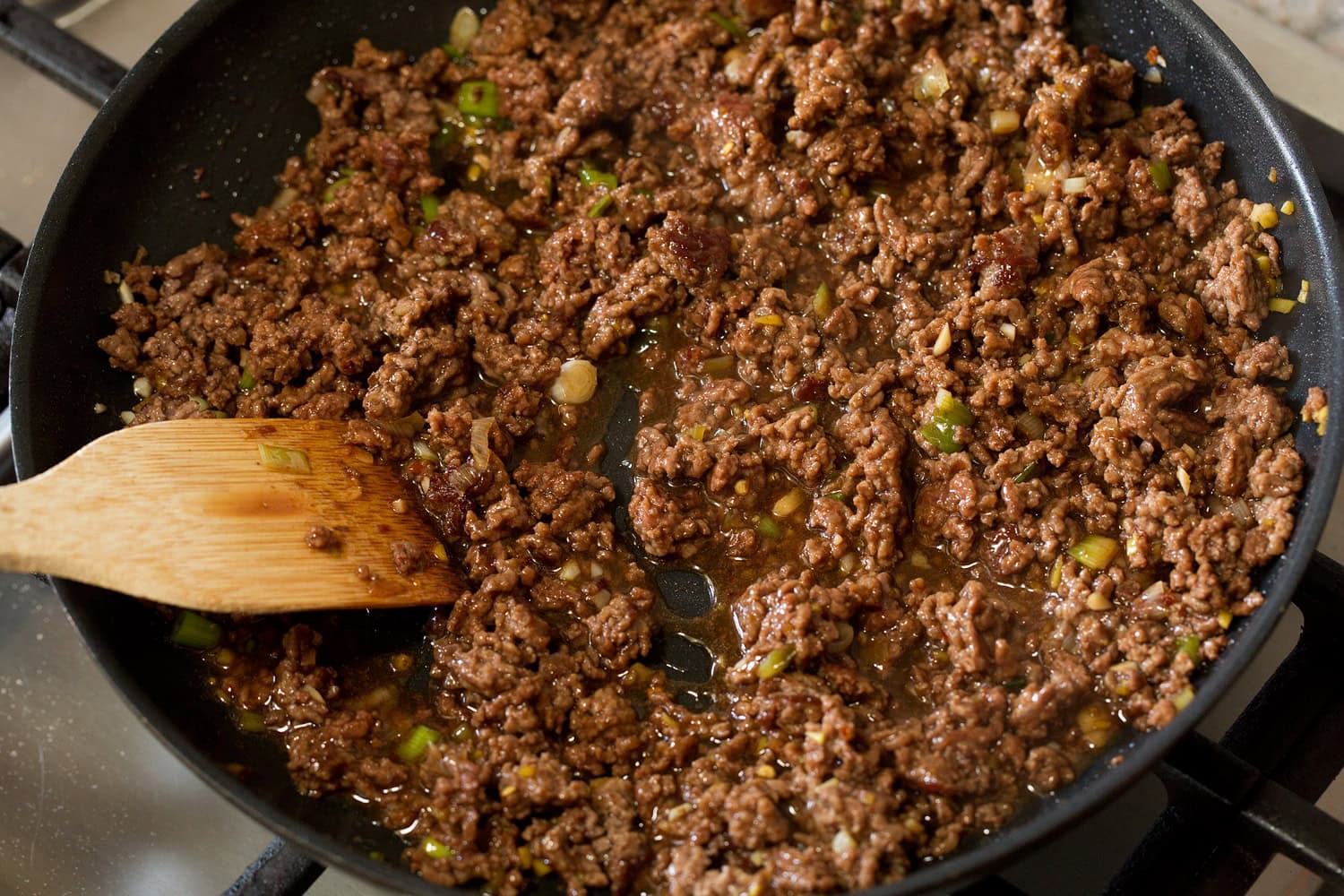 Korean Beef Bowls Completed Korean ground beef shown in the skillet with thickened sauce.