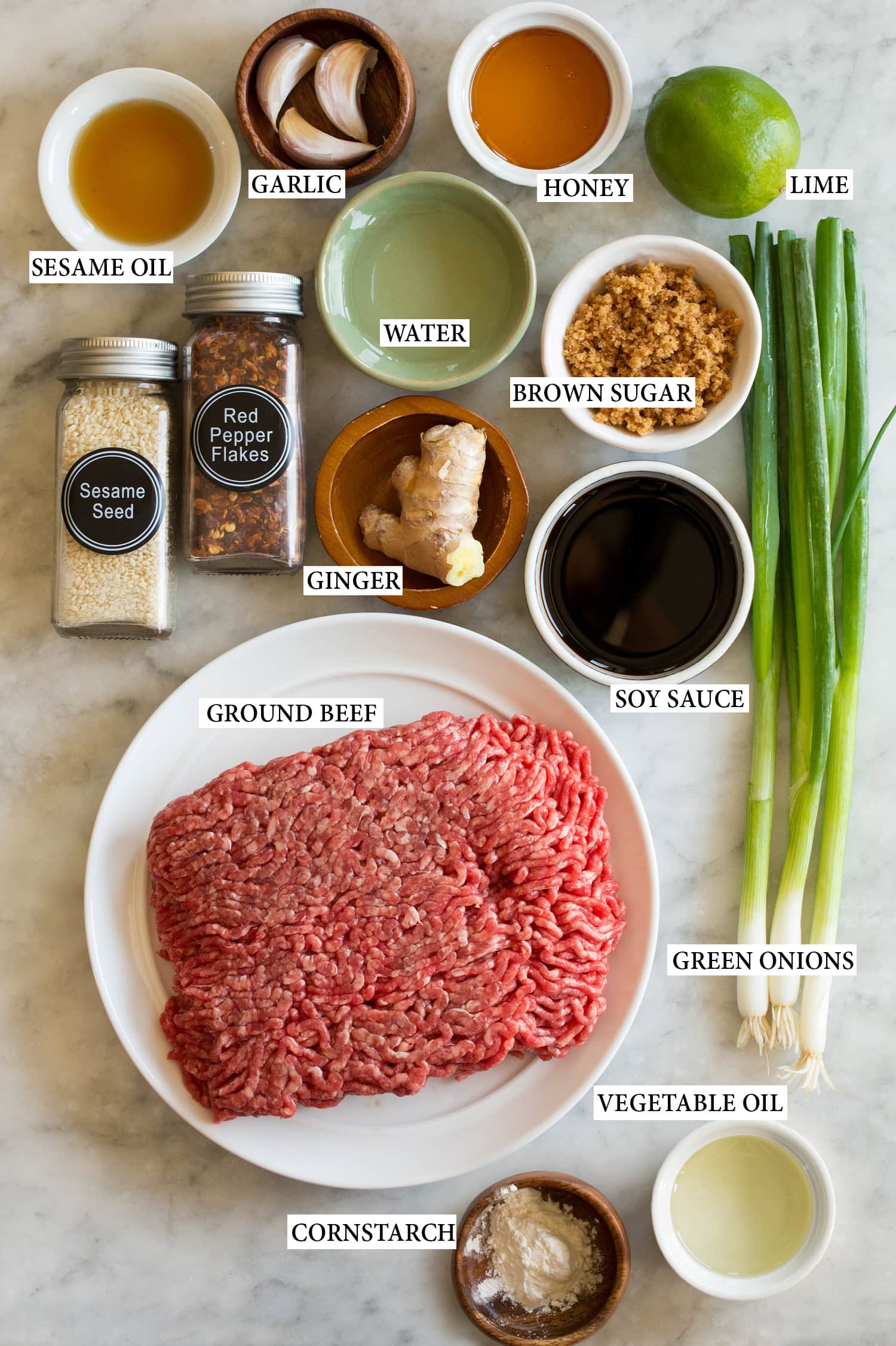 Korean Beef Bowls Ingredients used to make a Korean beef bowl from scratch.