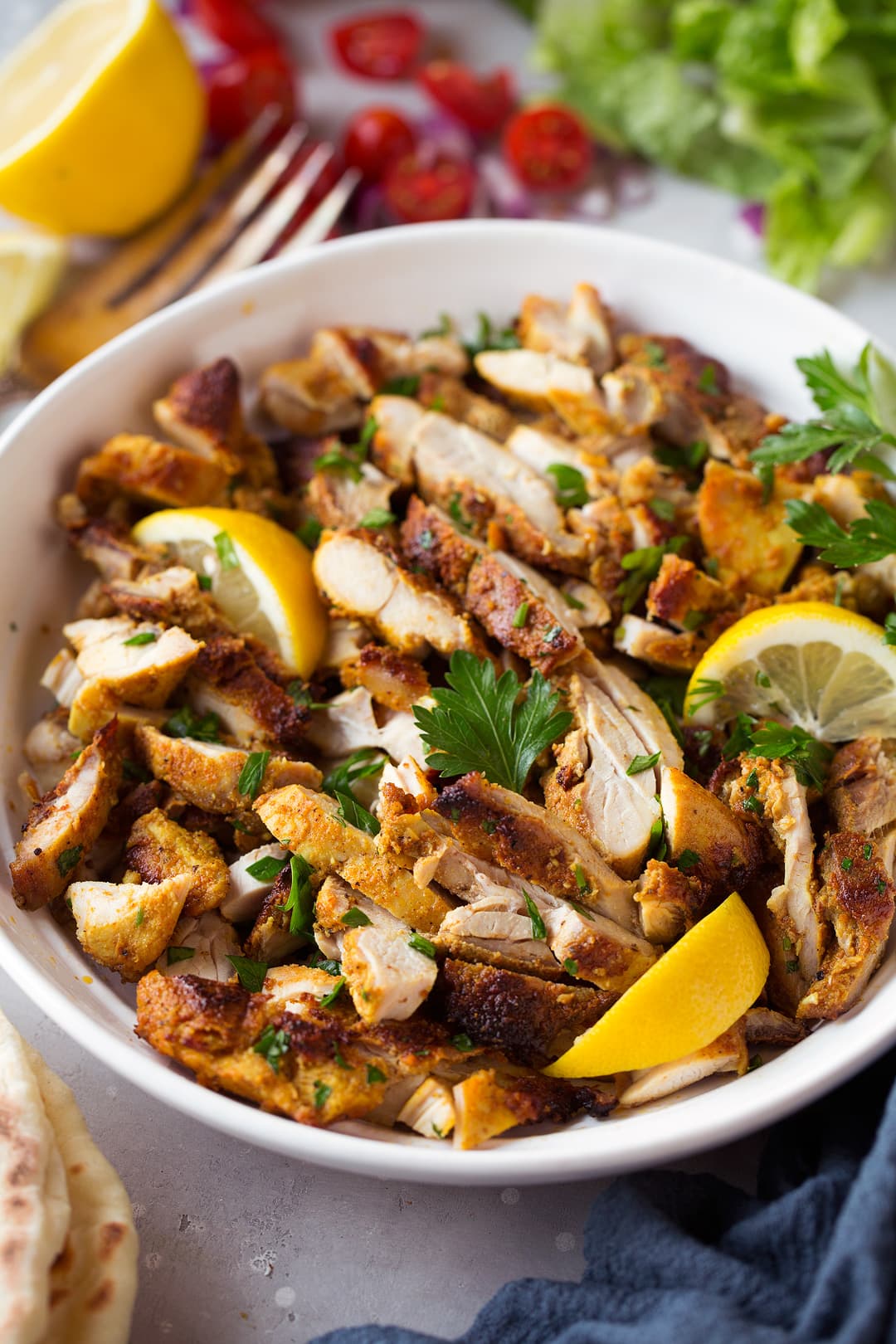 Chicken Shawarma sliced and layered in a serving bowl