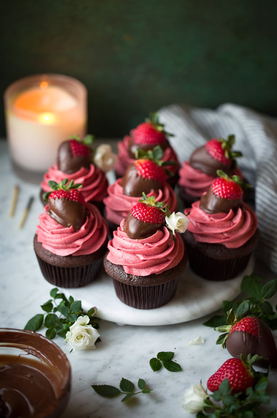 Chocolate Covered Strawberry Cupcakes Chocolate Cupcakes with Strawberry Buttercream Frosting and Chocolate Covered Strawberries