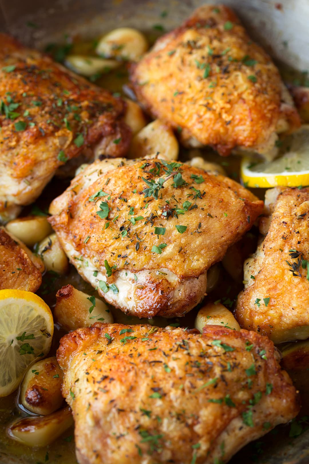 Close up shot of crispy garlic roast chicken