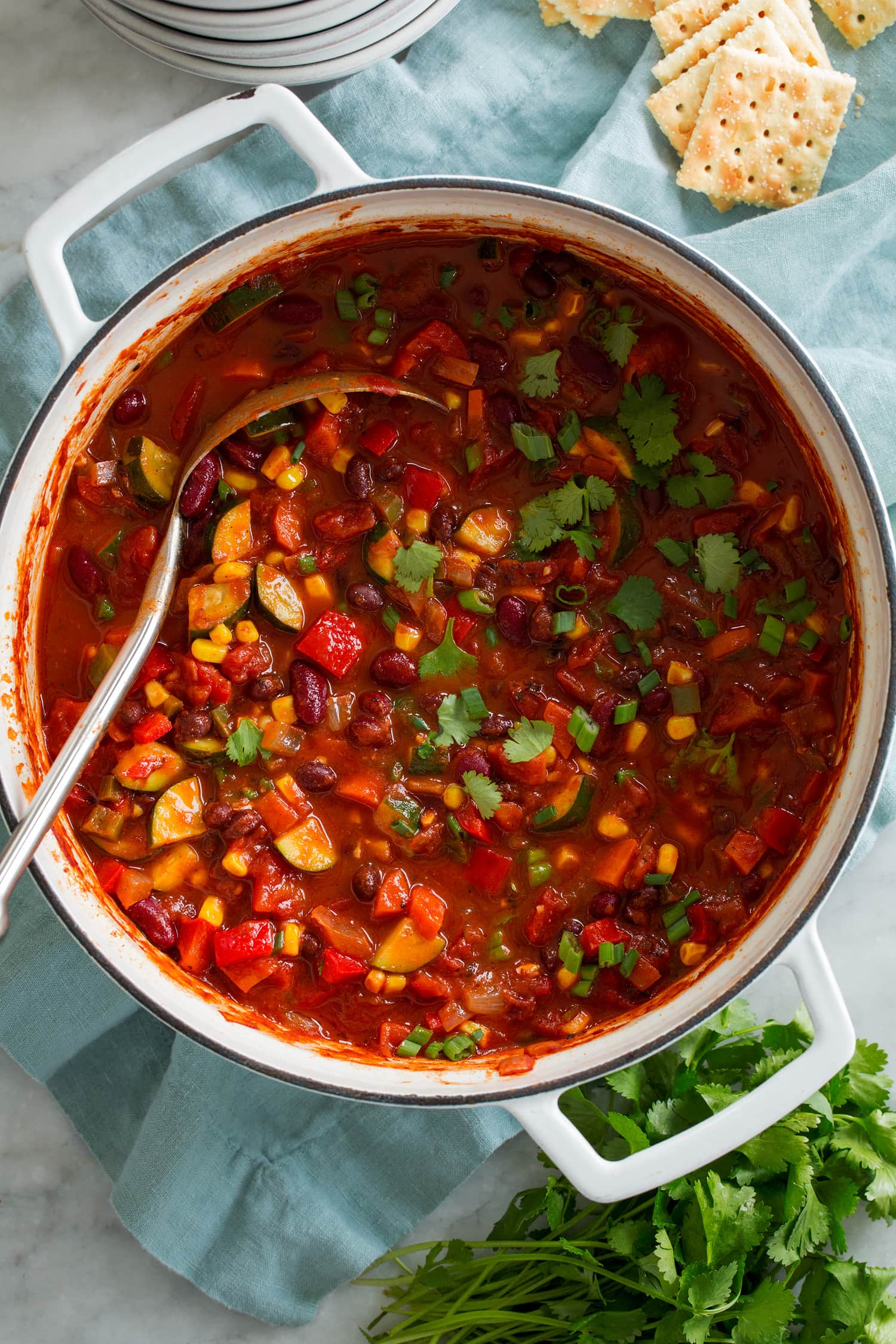 Vegetarian Chili Vegetarian chili in pot shown from above.