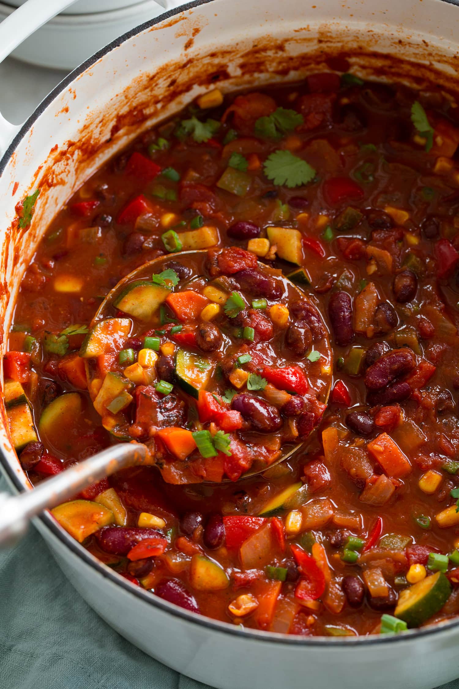 Vegetarian Chili Close up photo of vegetable chili with beans in a ladle.