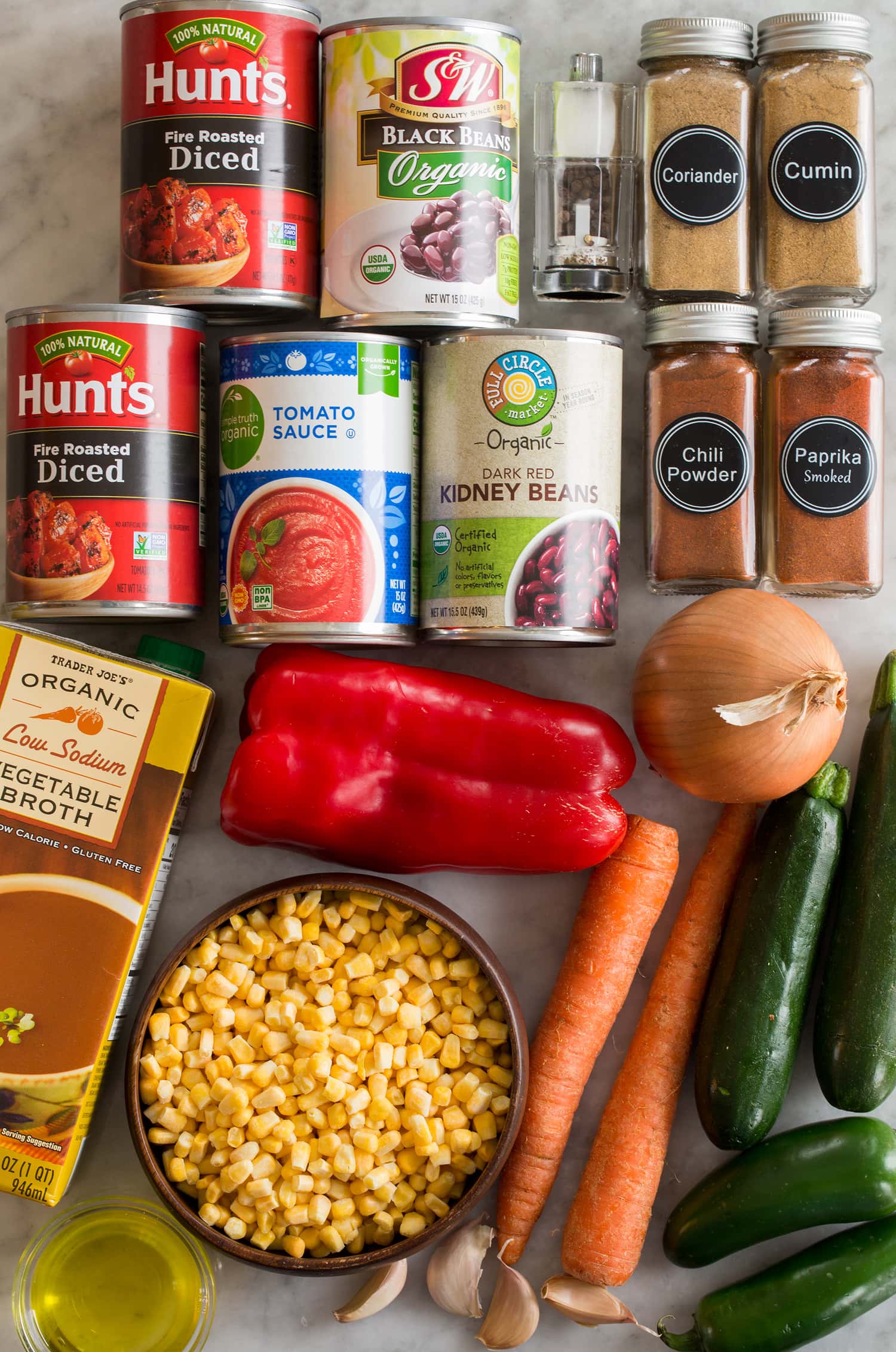 Vegetarian Chili Ingredients used to make healthy vegetarian chili.