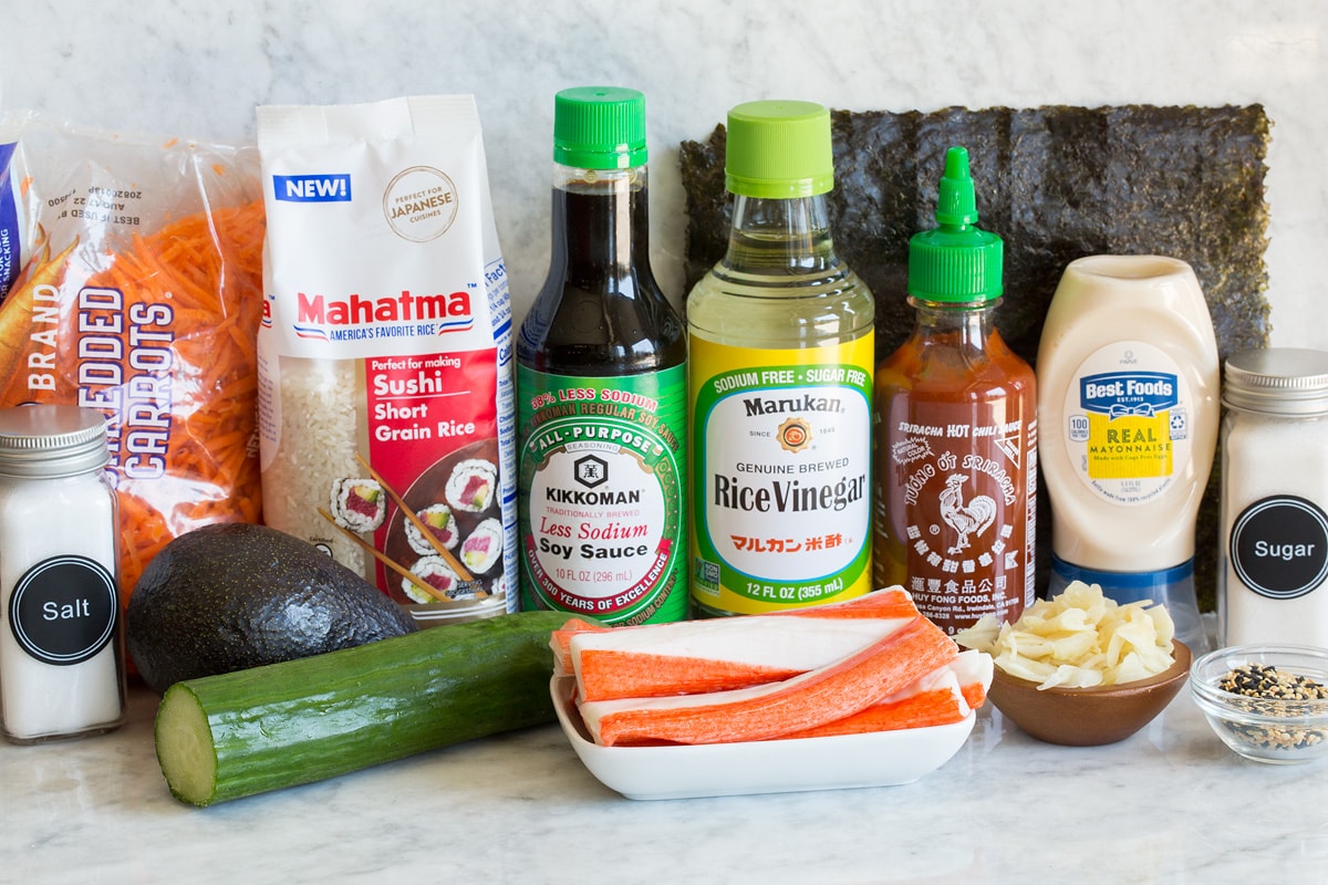 California Roll Sushi Bowls Photo of ingredients used to make a sushi bowl.