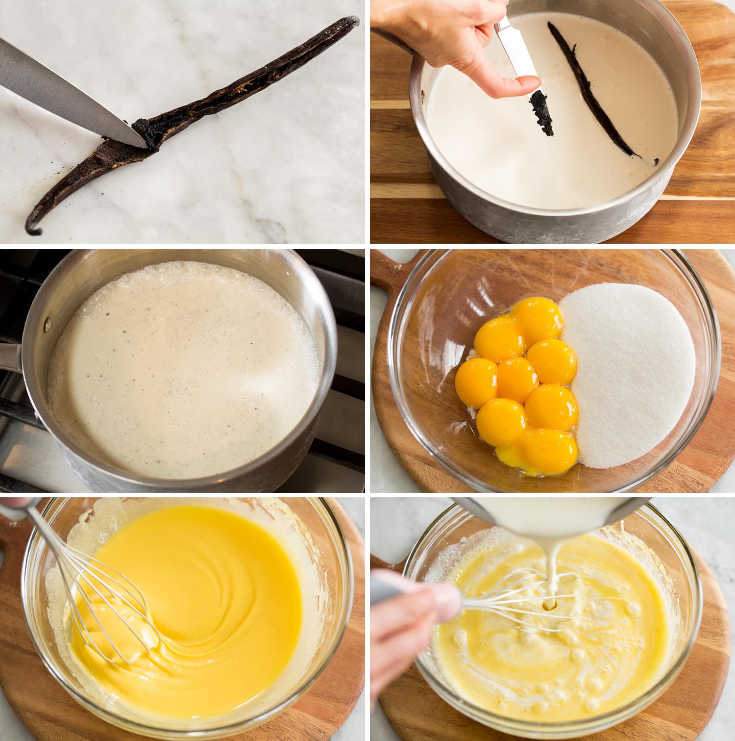Creme Brûlée Six steps showing how to make creme brûlée custard.