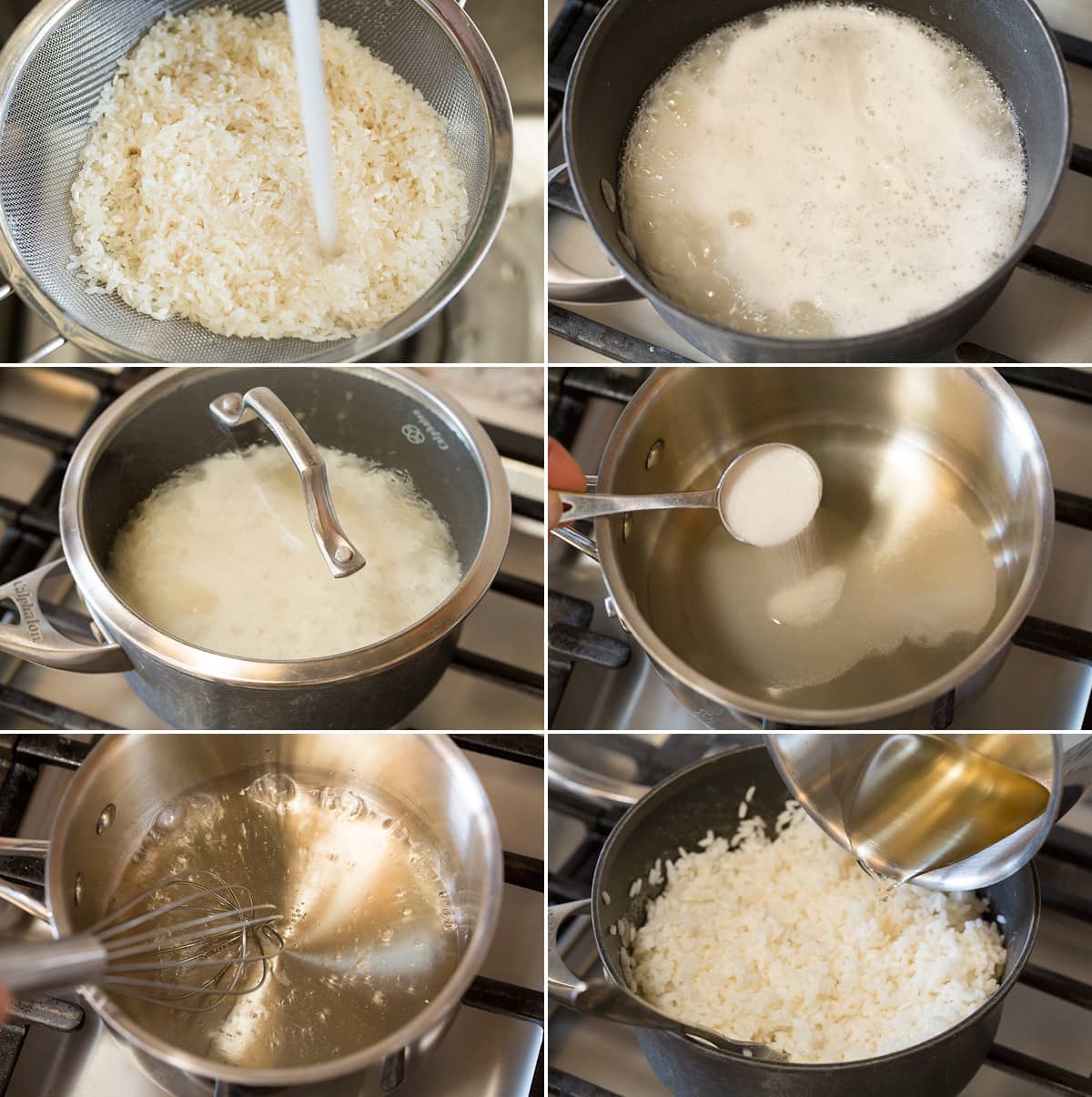 California Roll Sushi Bowls Collage of six photos showing steps of making sushi rice in a saucepan.