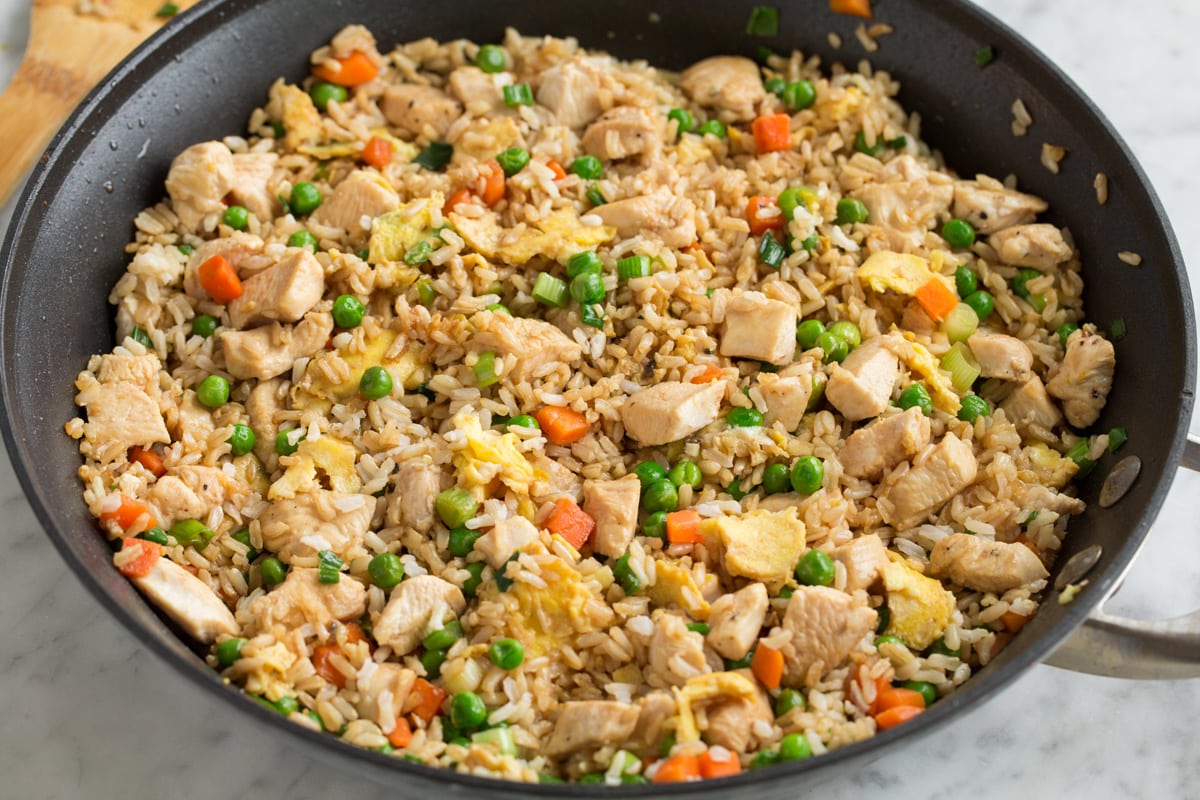 Chicken Fried Rice Completed chinese chicken fried rice all tossed together in a large skillet.
