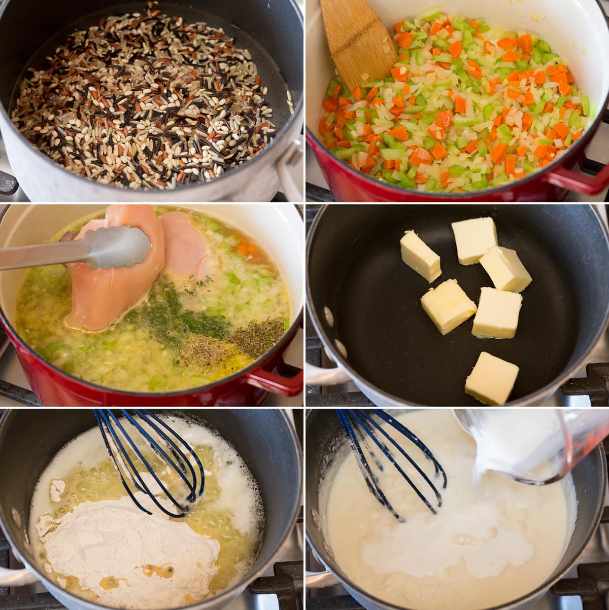 Creamy Chicken and Wild Rice Soup Collage of six images showing steps to preparing chicken and wild rice soup. Shows cooking wild rice separately, cooking chicken broth and herbs, then making bechemel sauce in a saucepan.