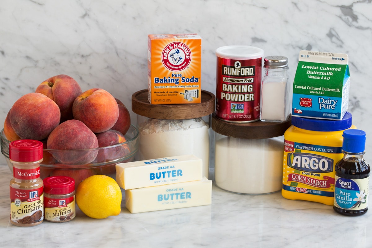 Peach Cobbler - the only peach cobbler recipe you'll ever need! I've never found better! Light and fluffy, buttery topping and perfectly sweet and juicy peach filling. #peach #cobbler #dessert #recipe Ingredients needed to make peach cobbler shown here.