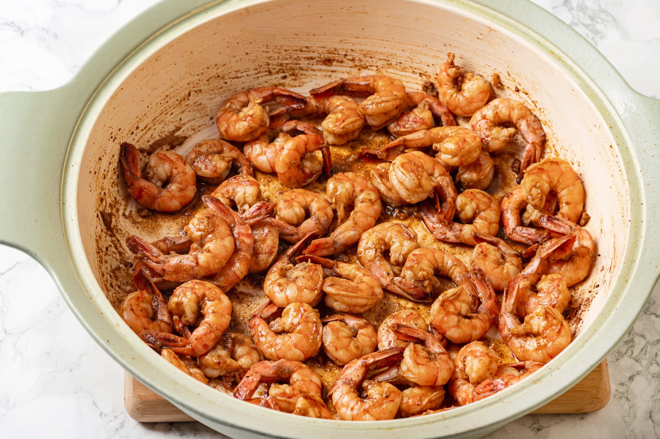 Shrimp Fajitas Sauteed shrimp in a skillet.