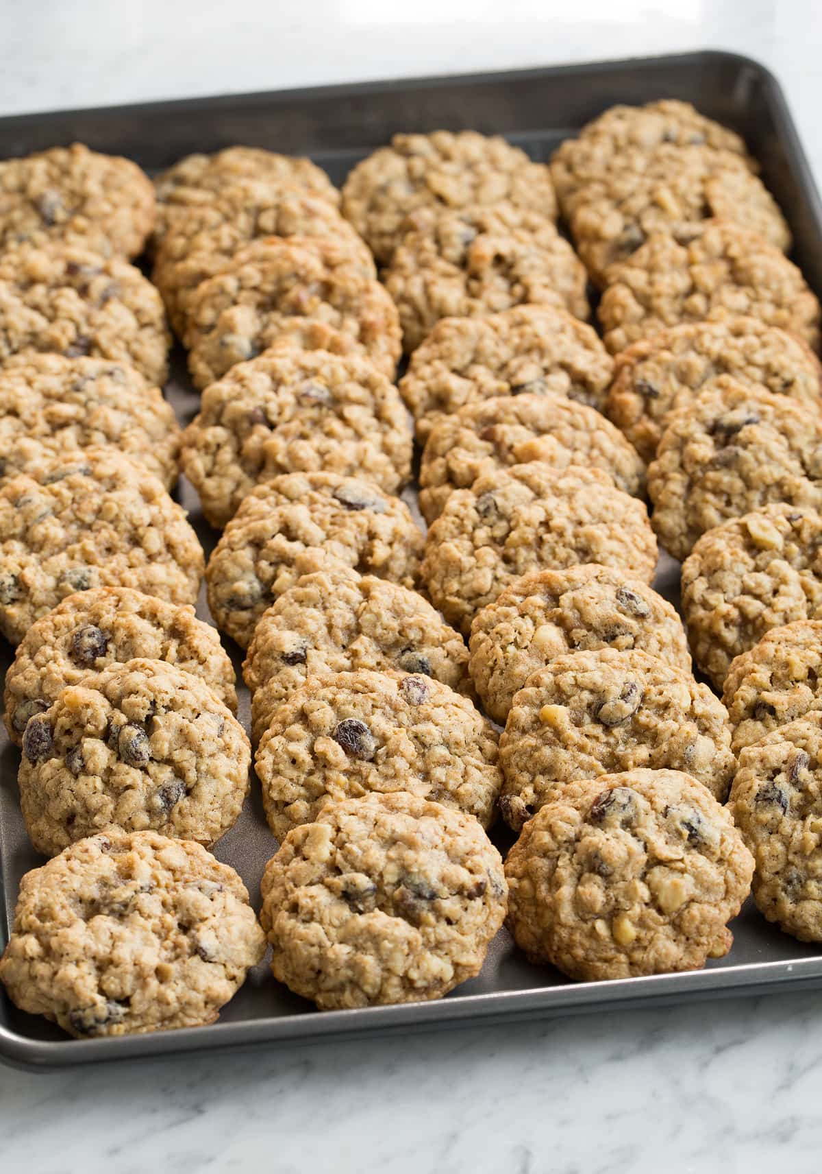 BEST Oatmeal Cookies! Whole batch of oatmeal cookies on baking sheet in rows after cooling.