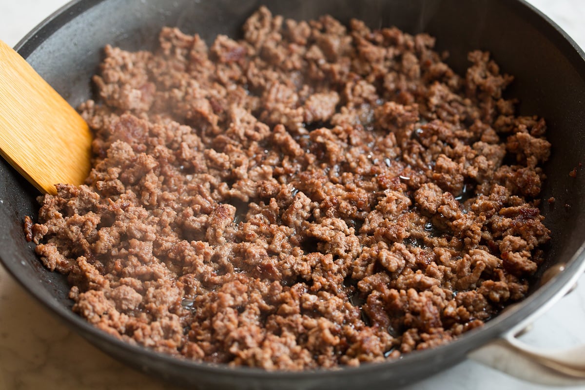 Homemade Spaghetti Sauce Ground beef in skillet after crumbled and cooked.