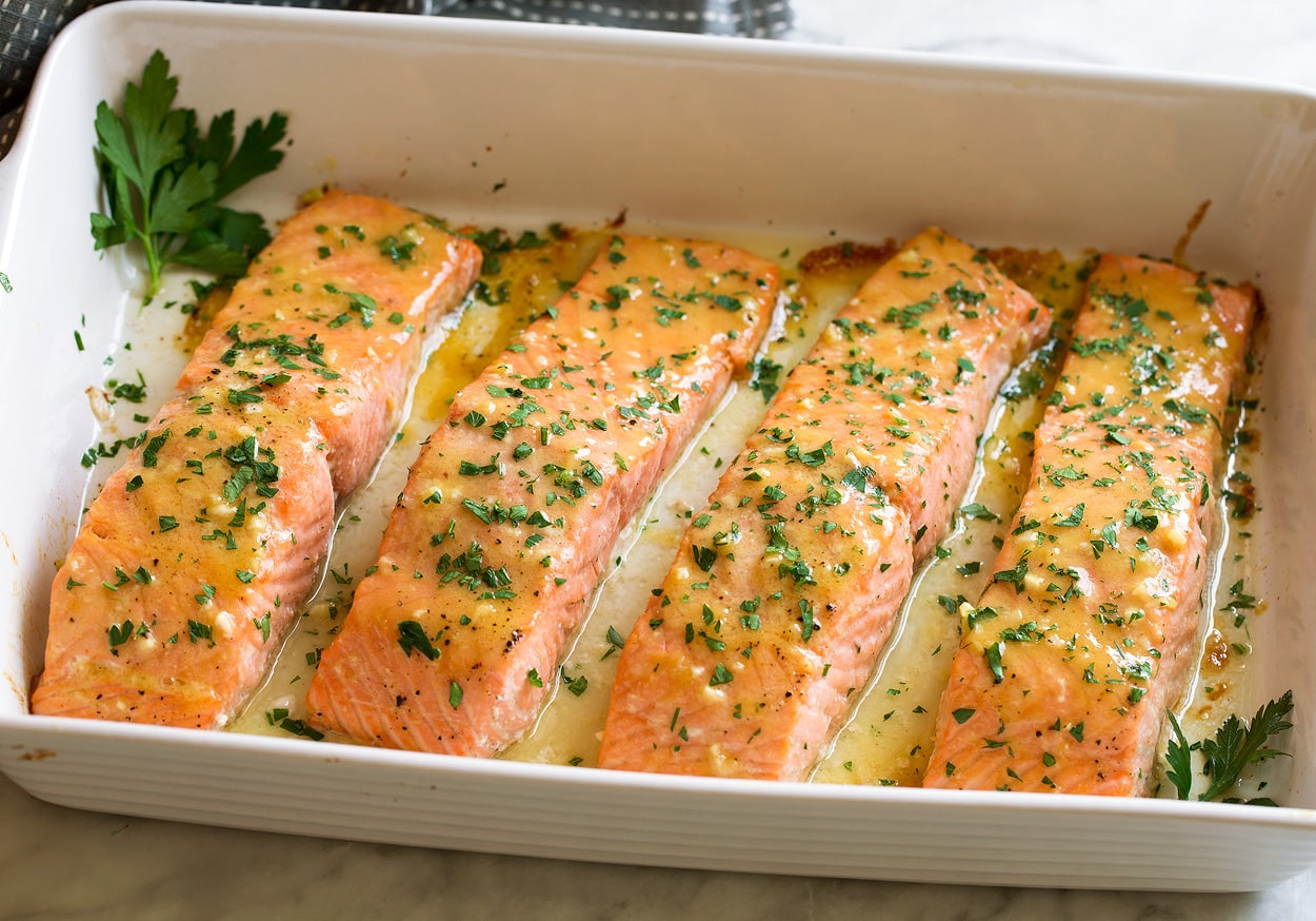 Baked Salmon with Buttery Honey Mustard Sauce Showing what salmon should look like after baking for doneness.