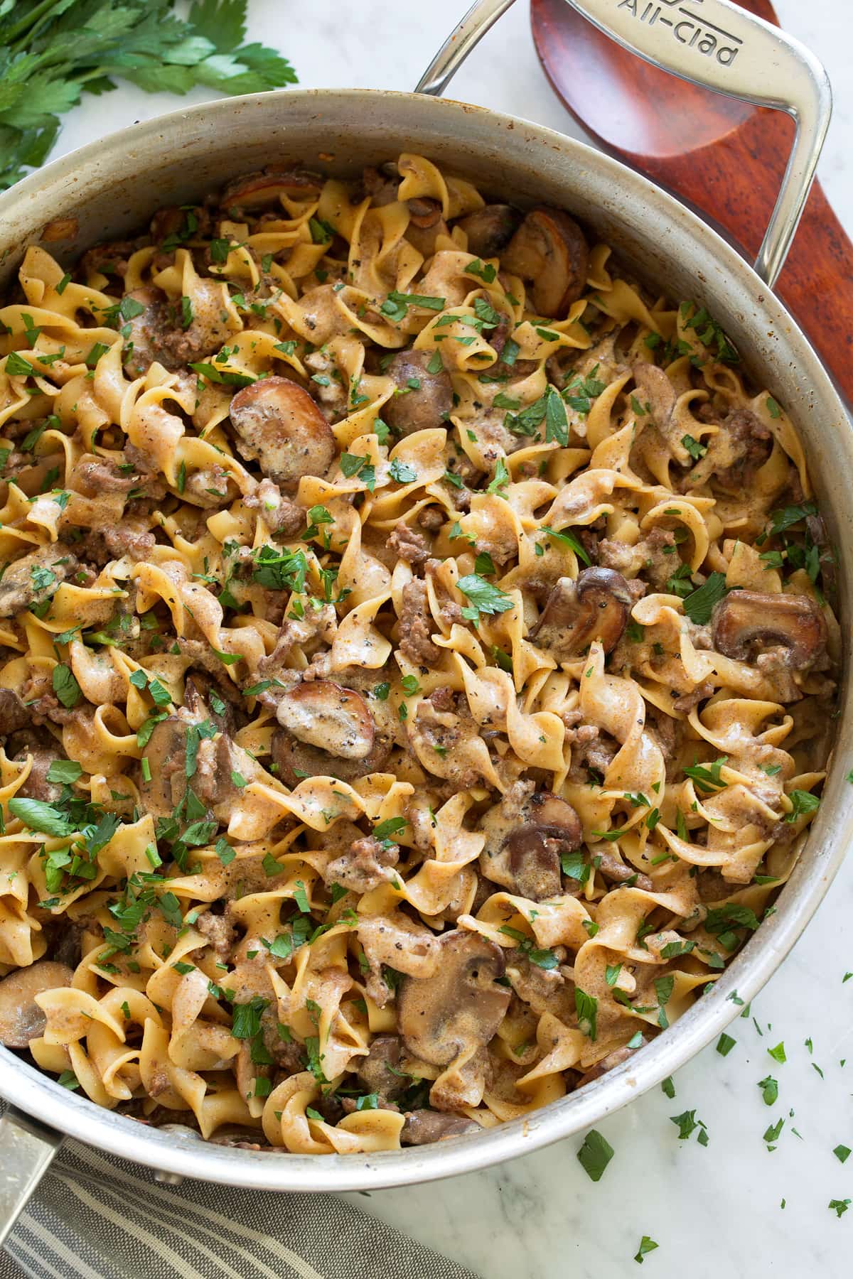 Beef Stroganoff Close up overhead image of beef stroganoff in a saute pan.