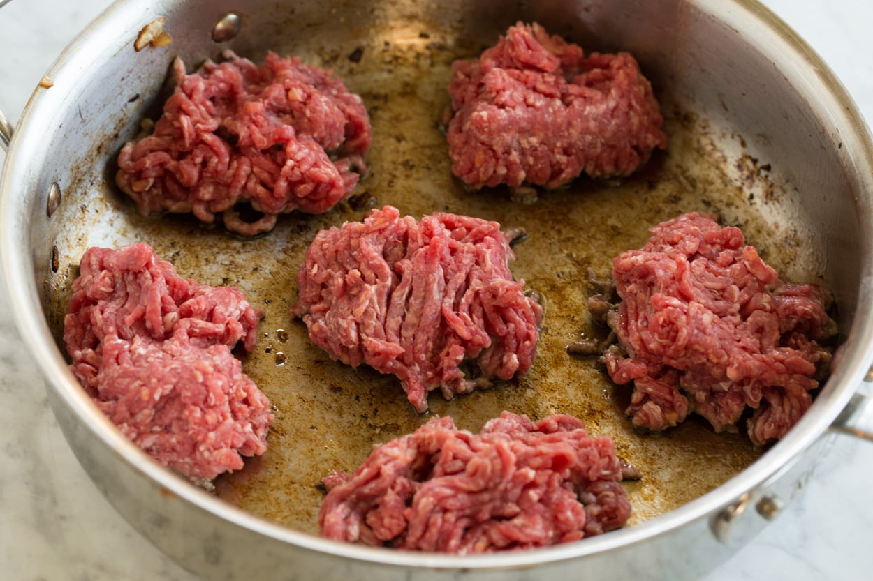 Beef Stroganoff Browning ground beef in saute pan for beef stroganoff.