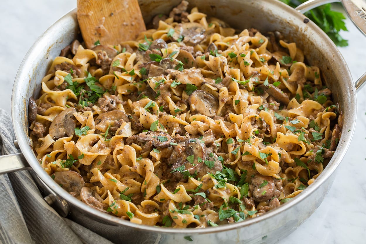 Beef Stroganoff Finished beef stroganoff shown here in saute pan