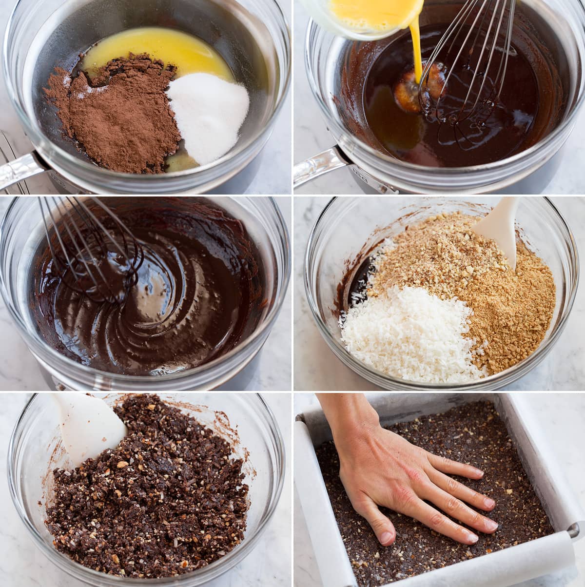 Nanaimo Bars Collage of 6 images showing steps of preparing first layer of nanaimo bars. Made with cocoa, sugar, graham crackers, coconut and nuts.