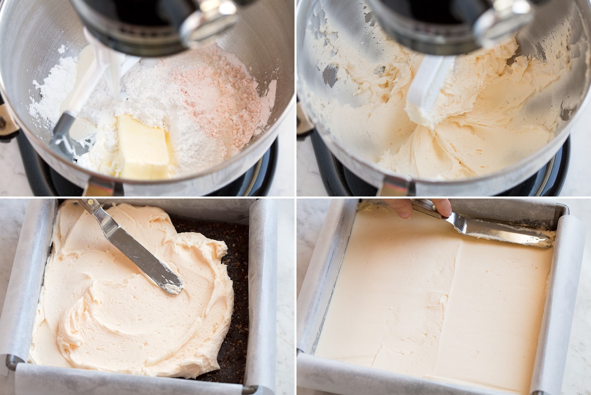 Nanaimo Bars Collage of four images showing how to prepare second layer, icing custard flavored layer of Nanaimo bars. Mixing butter, custard powder, cream and powdered sugar in a mixer then spreading over first layer.