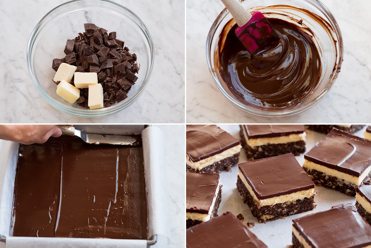 Nanaimo Bars Collage of four images showing how to make third layer of Nanaimo bars. Shows melting chocolate and butter and spreading over Nanaimo bars.