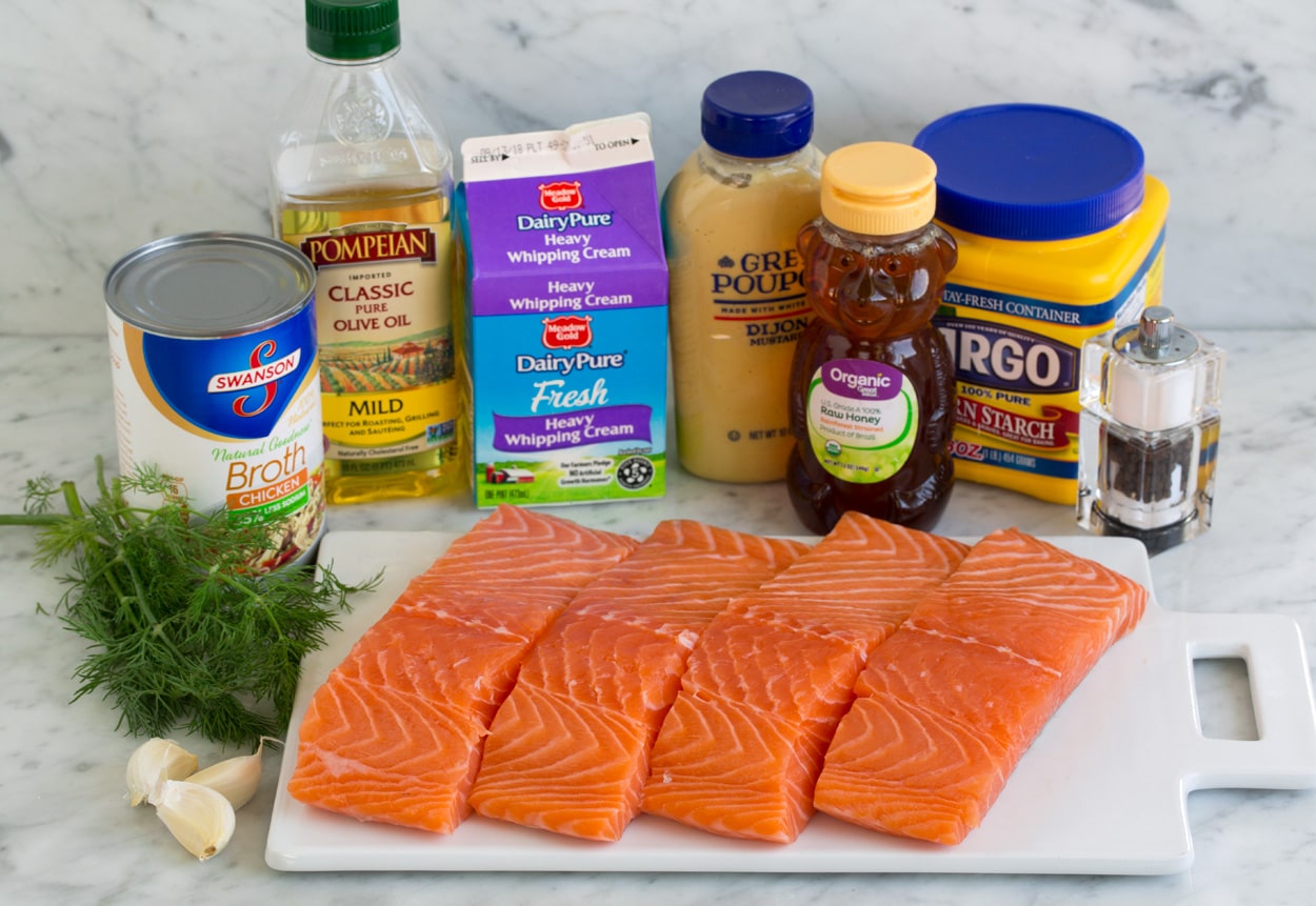 Salmon with Creamy Dijon Sauce Ingredients for salmon shown here. Salmon fillets, garlic, dill, chicken broth, olive oil, cream, dijon, honey and cornstarch.