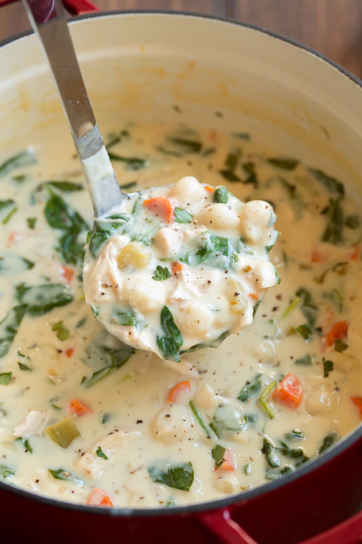 Creamy Chicken Gnocchi Soup Ladle full of chicken gnocchi soup.