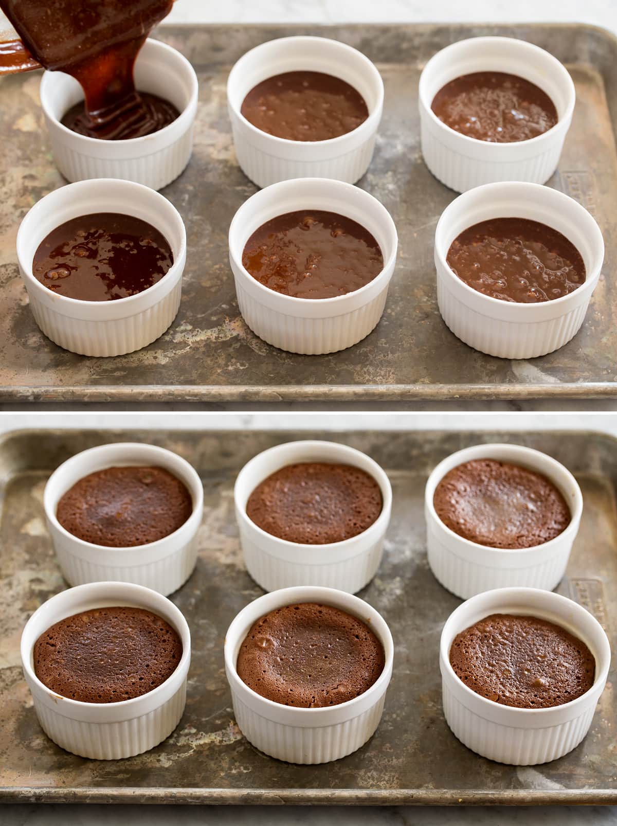Molten Lava Cakes Molten lava cake batter being poured in custard cups then also shown after baking.