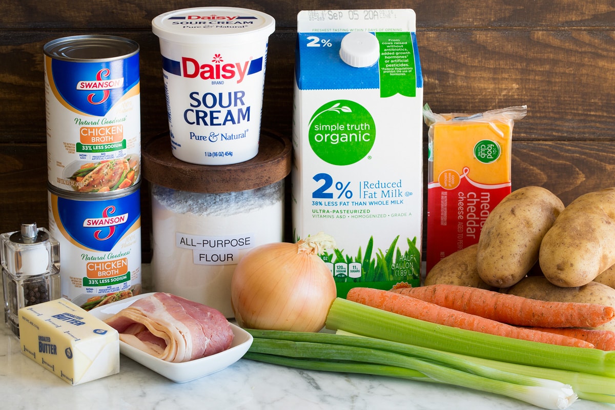 Potato Soup Photo of ingredients used to make homemade potato soup. Includes russet potatoes, milk, carrots, celery, yellow onion, flour, sour cream, butter, chicken broth, salt, pepper and optional bacon, green onions, and cheddar cheese.