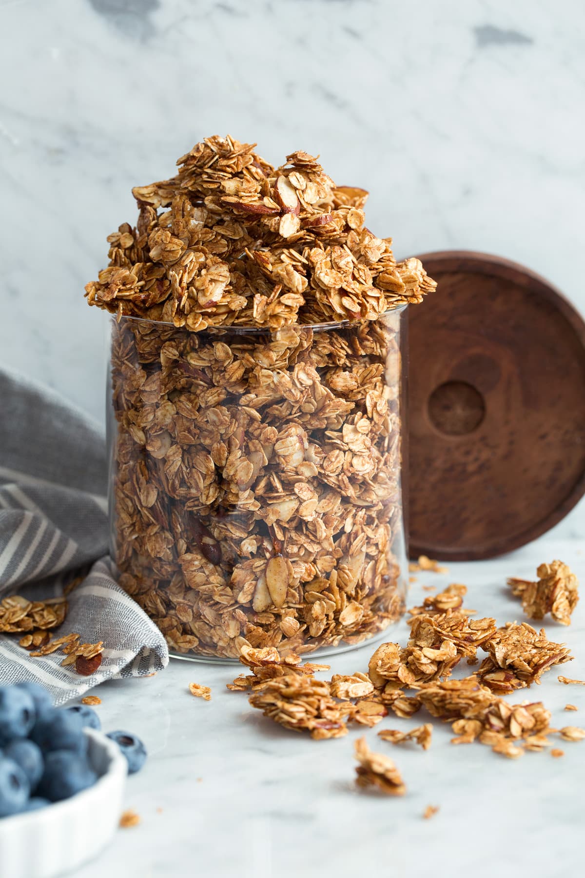 Homemade Granola Recipe Homemade granola in a glass storage jar.