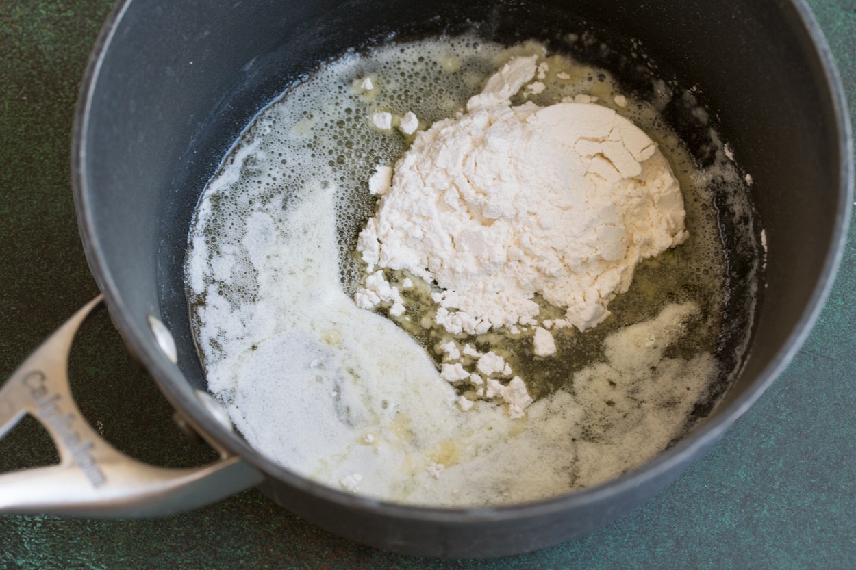 Cauliflower Soup Making a roux in a separate saucepan to thicken Cauliflower Soup.