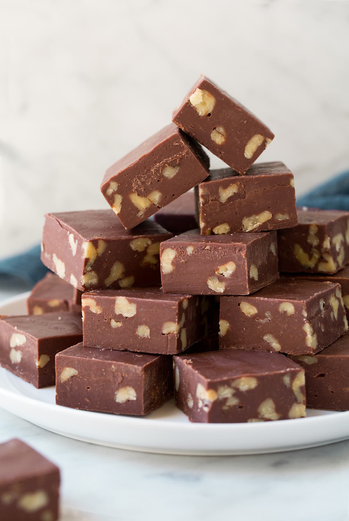 Stack of fudge on a plate.