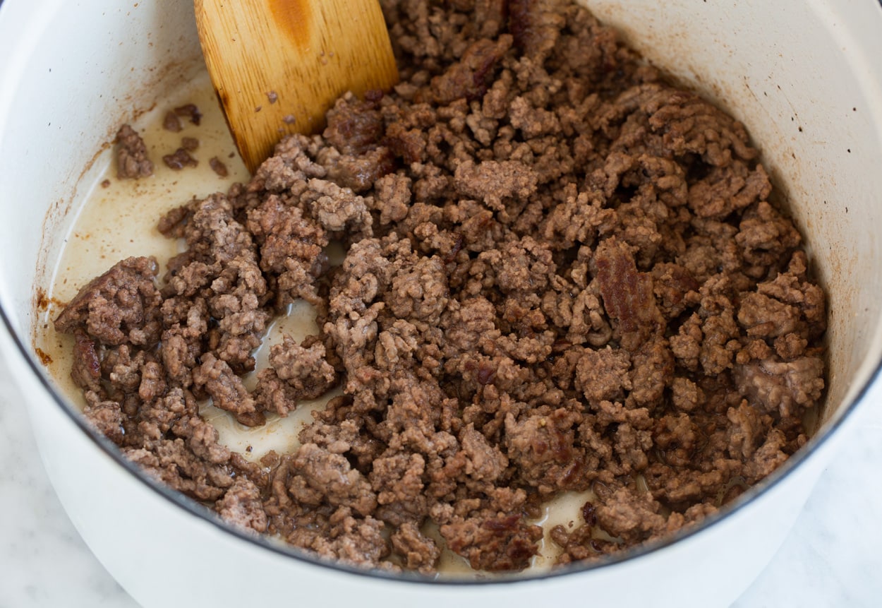 Lasagna Soup Browning ground beef in pot for lasagna soup.