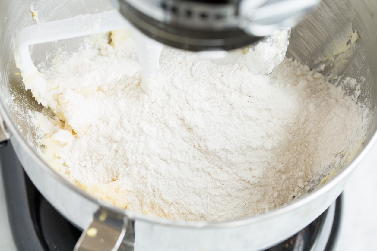 Lemon Shortbread Mixing in flour to shortbread mixture.