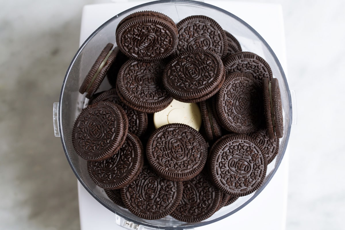 Oreo Balls Oreo Truffles Overhead image of oreos in a food processor.