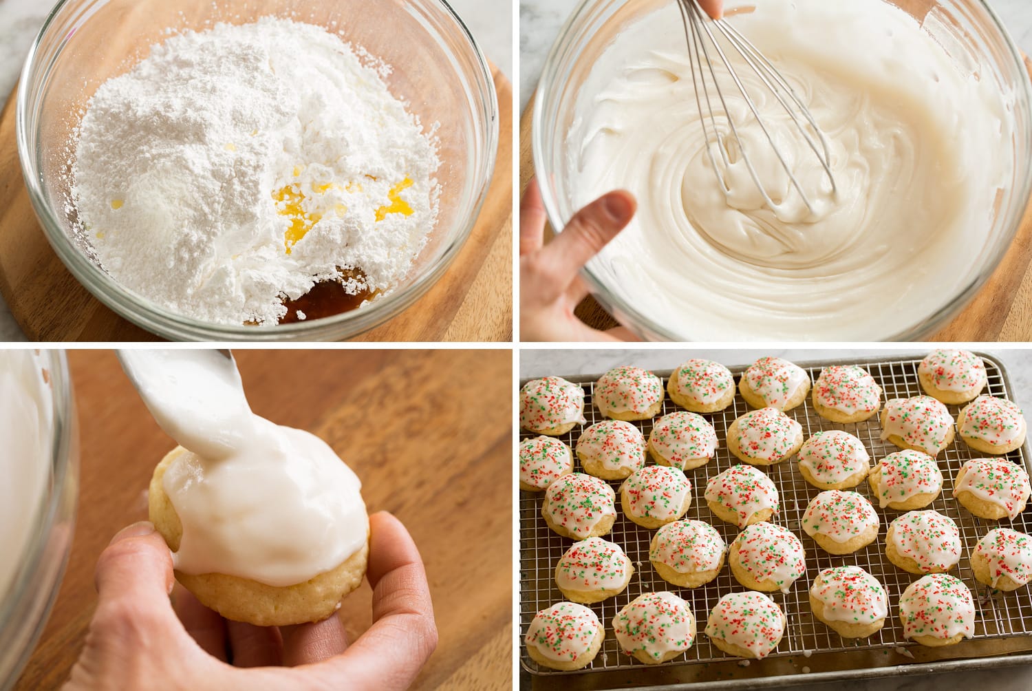 Ricotta Cookies Four photos showing how to ice ricotta cookies.