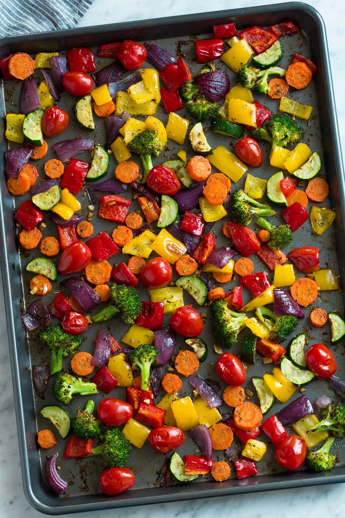 Roasted Vegetables Overheat image of Roasted Vegetables on a dark baking sheet.