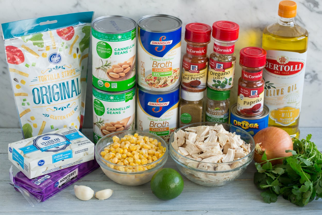 White Chicken Chili Ingredients needed to make white chicken chili shown here.