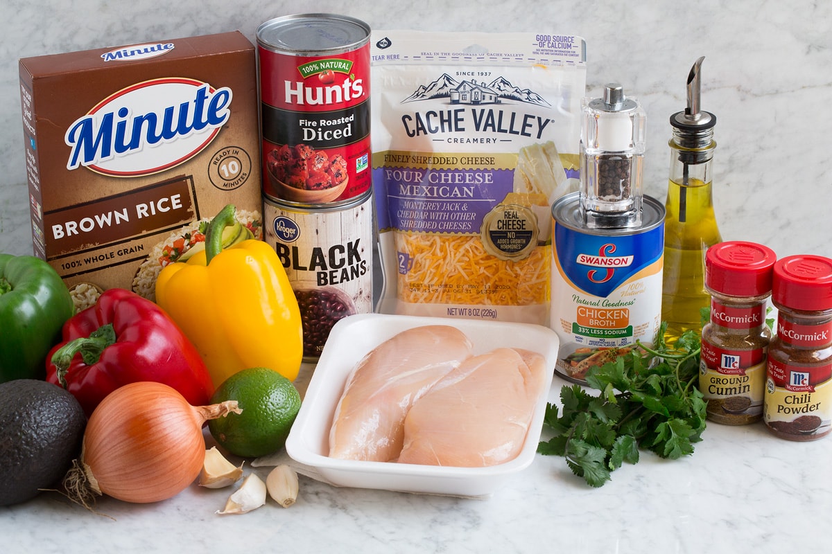 Chicken Fajita Rice Bowls Image showing ingredients that go into chicken faijta rice bowls.