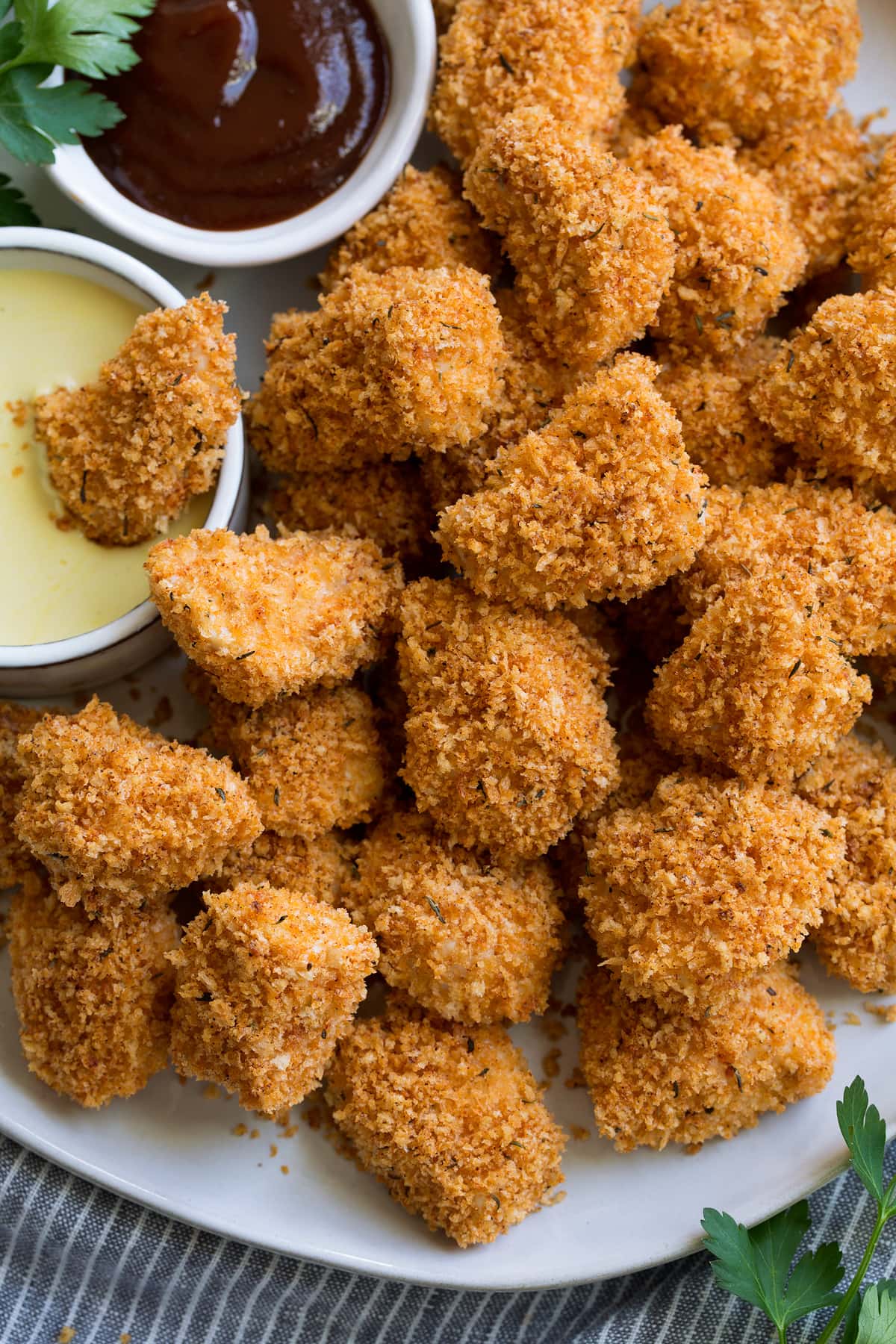 Baked Chicken Nuggets Close up image of Chicken Nuggets nuggets showing crispy panko coating.