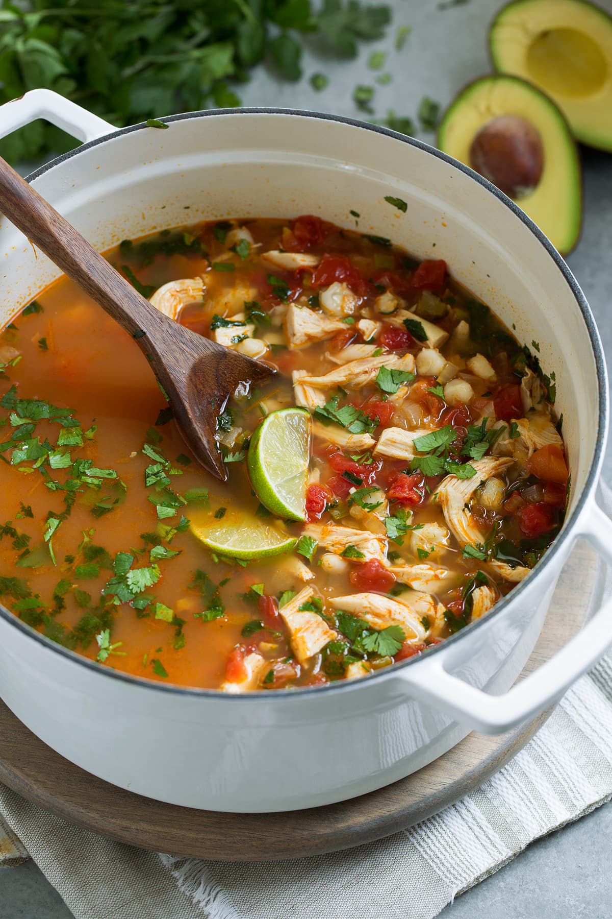 Chicken posole in a pot.