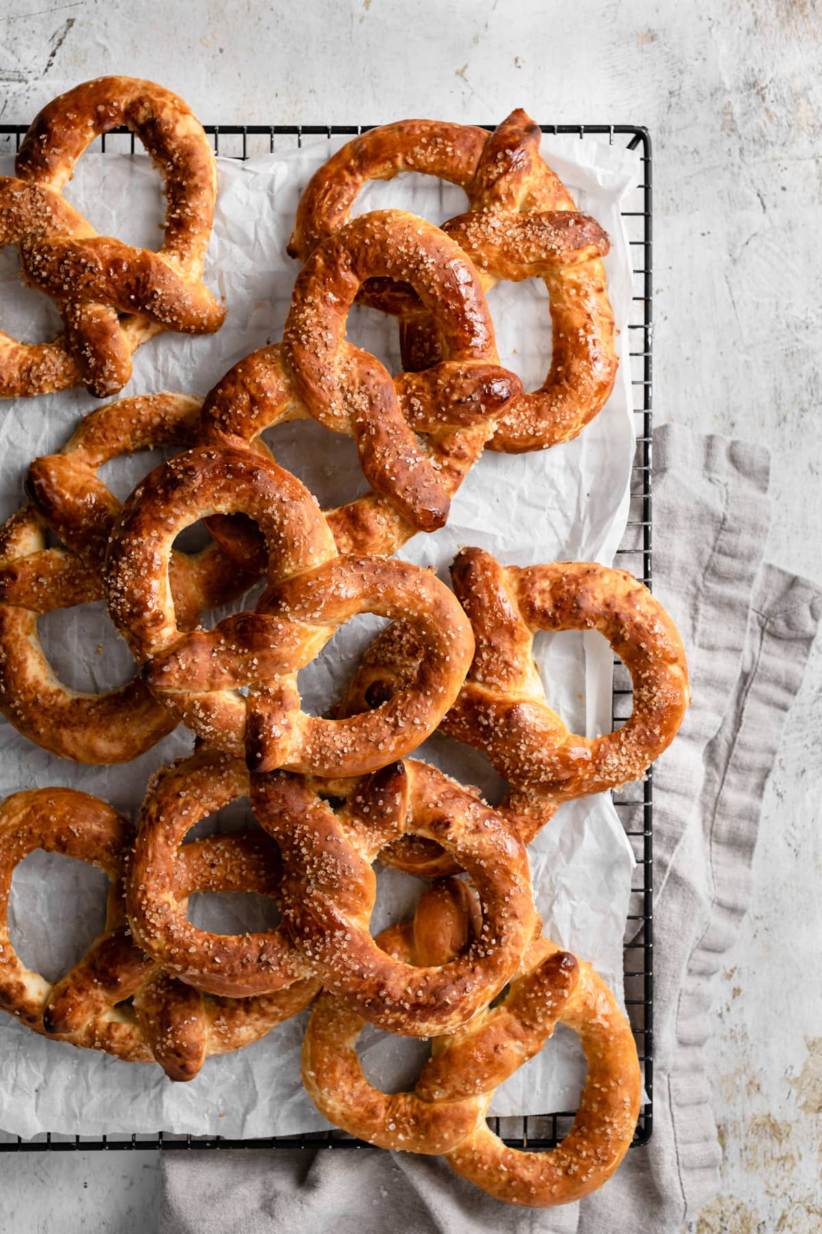 Homemade Soft Pretzels Recipe Pretzels on cooling rack.