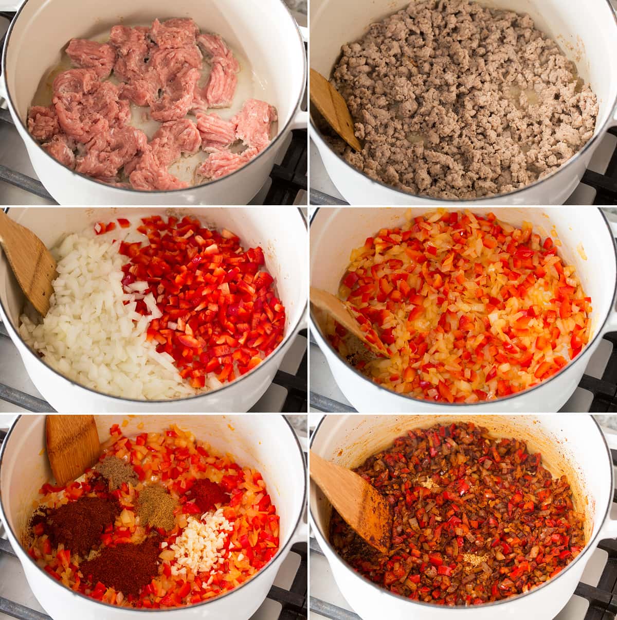 Turkey Chili Collage of six photos showing steps of making turkey chili. Includes browning chili in the pot, sauteeing bell pepper and onion. Adding garlic and spices and then sauteeing.