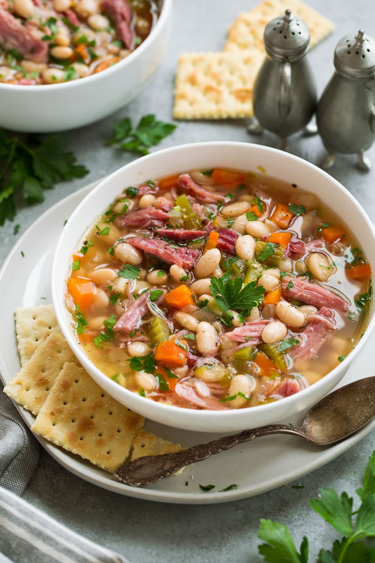 Ham and Bean Soup Ham and Bean Soup in a serving bowl set over a white plate with a side of crackers.