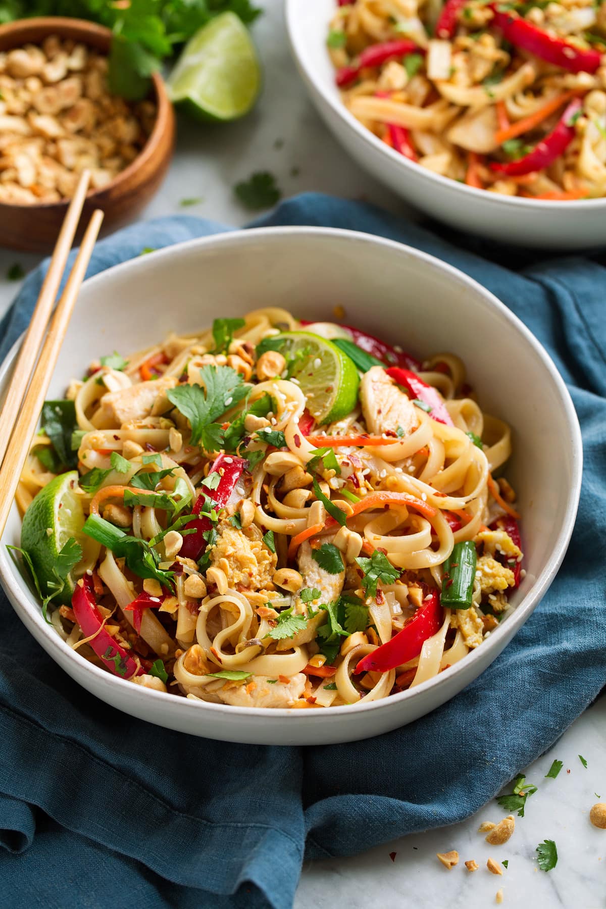 Pad Thai (with Chicken or Shrimp) Serving of pad thai in a white bowl.