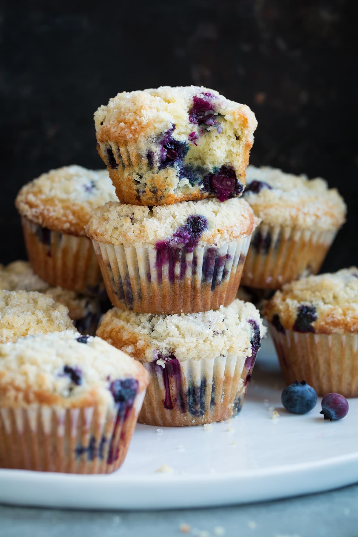 Blueberry Muffins Stack of homemade blueberry muffins on a plate.