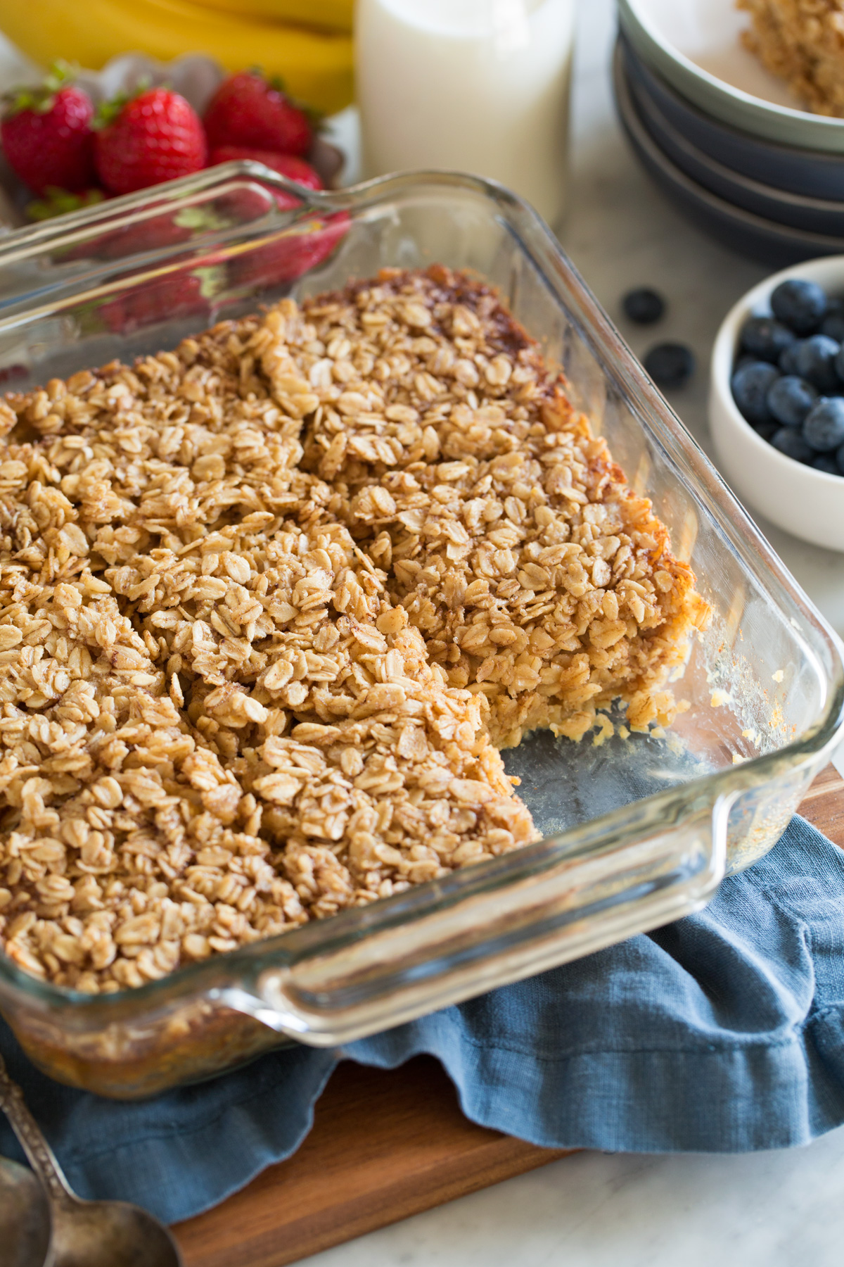 Baked Oatmeal Baked oatmeal in a glass baking dish.